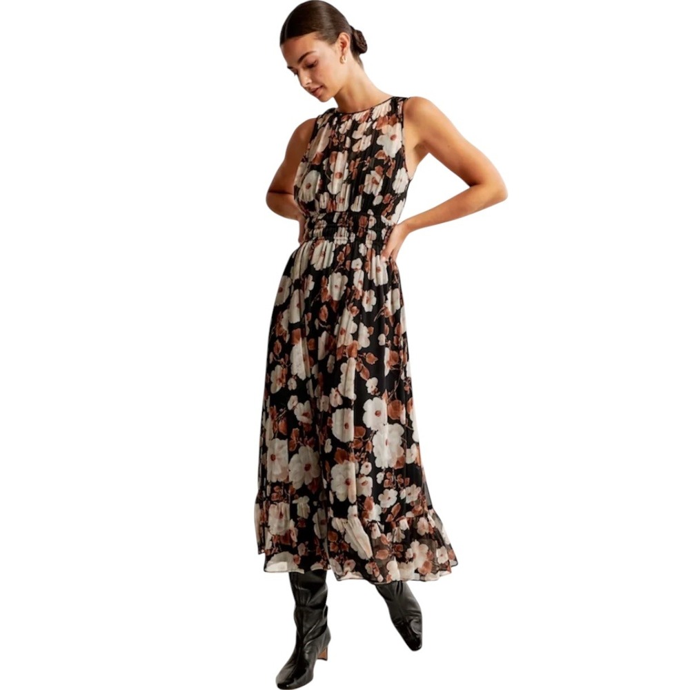 Abercrombie & Fitch Maxi Dress Women Small Tall Black Floral Smocked Sleeveless
